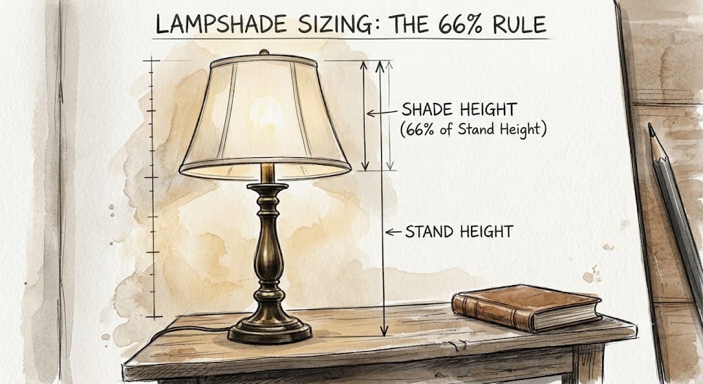 Watercolour illustration showing lampshade height as 66% of the lamp stand height